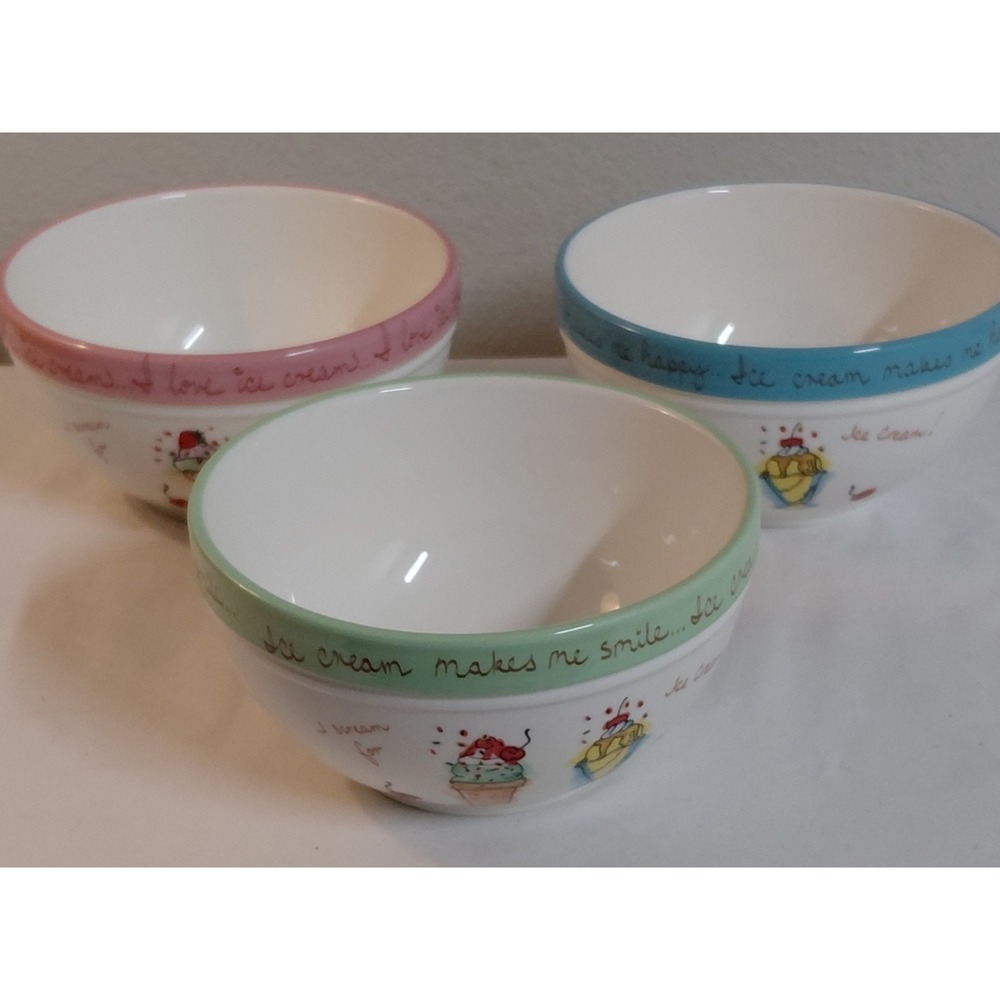 Vintage Alco Ice Cream Bowls Set of 3 Pastel Trim Script Writing Sundae Graphics
